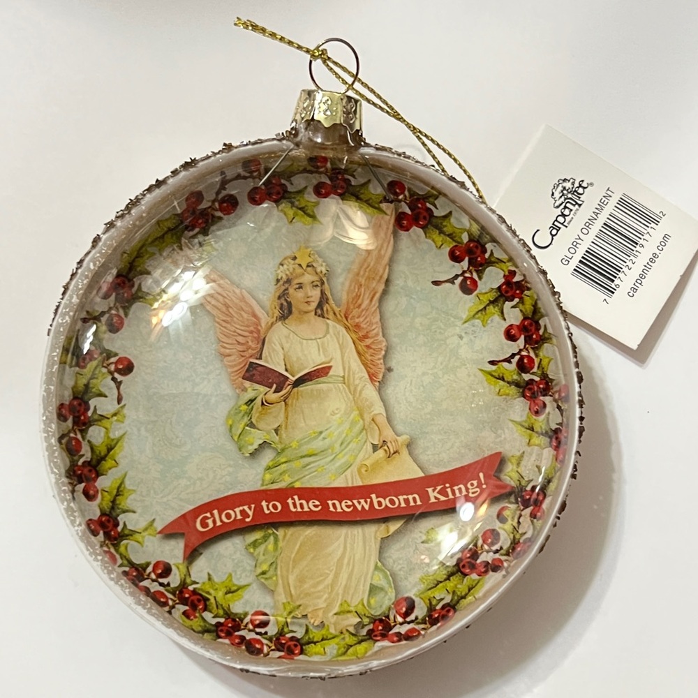 NWT CarpenTree “Glory To The Newborn King” Gold & Glass Christmas Angel Ornament